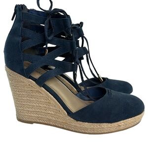 Michael Kors Shondra Blue Suede Leather Lace Up Wedge Espadrille